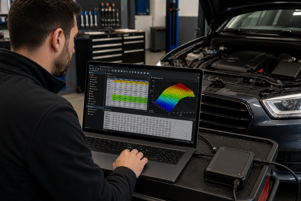 Car tuning and diagnostics in workshop
